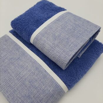 Coppia di Asciugamani in spugna blu con bordo rigato 1